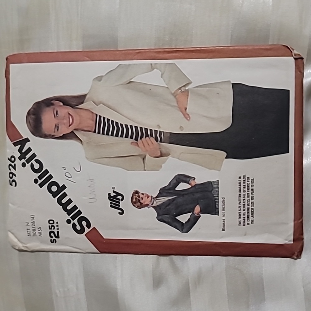 SIMPLICITY Jiffy® #5926 MISSES SIZE 10-14 JACKET SEWING PATTERN VINTAGE ©1983